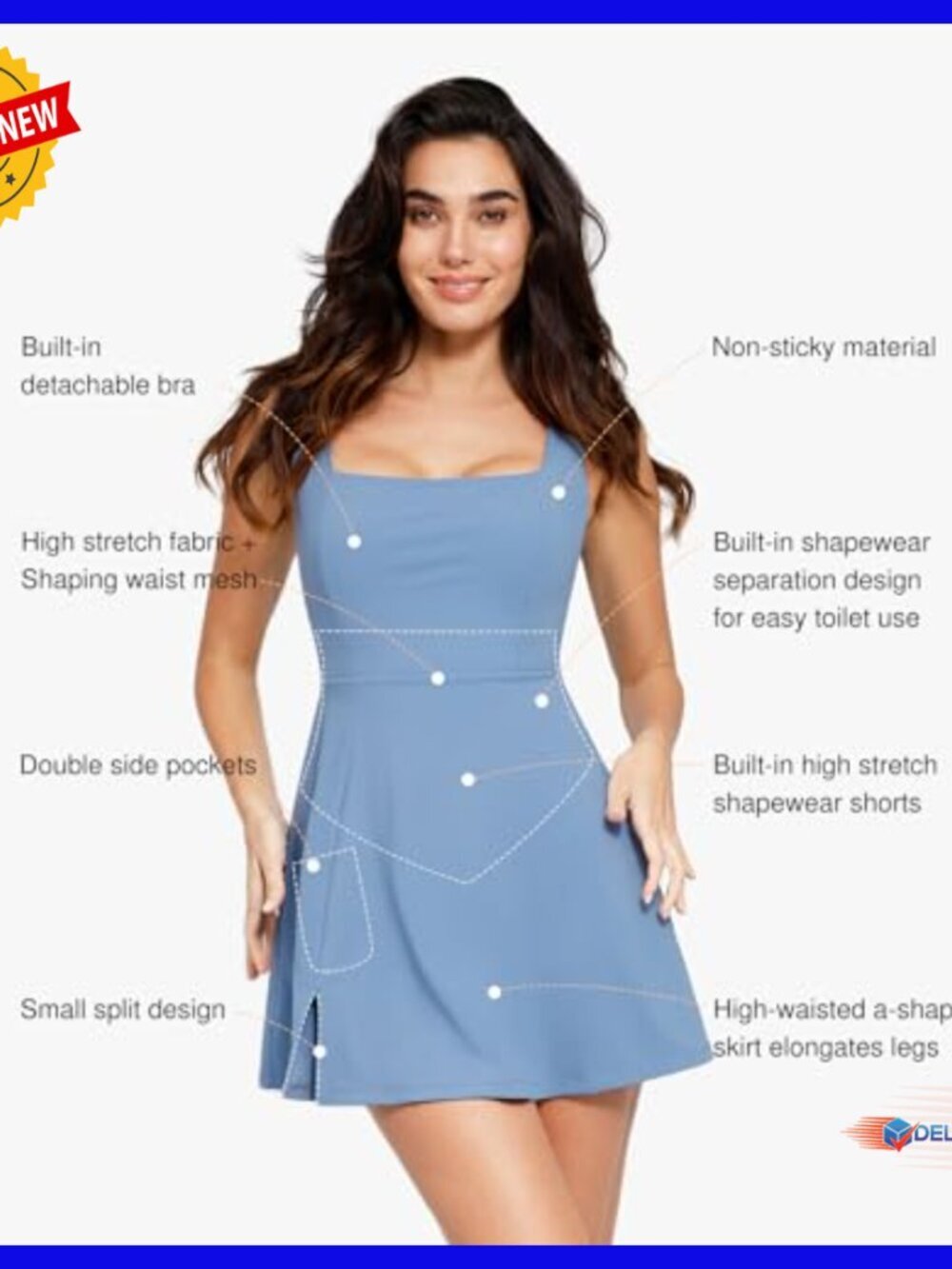Shapewear Tennis Dress with Pockets, Square Neck, Slit Hem, Built-in Shorts - Picture 2 of 7